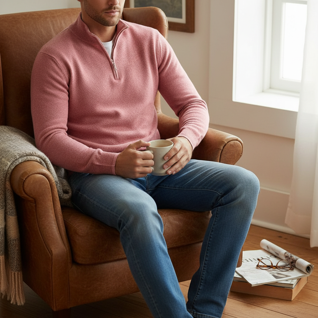 Men's Cashmere Zip Sweater - Casual Crew Neck